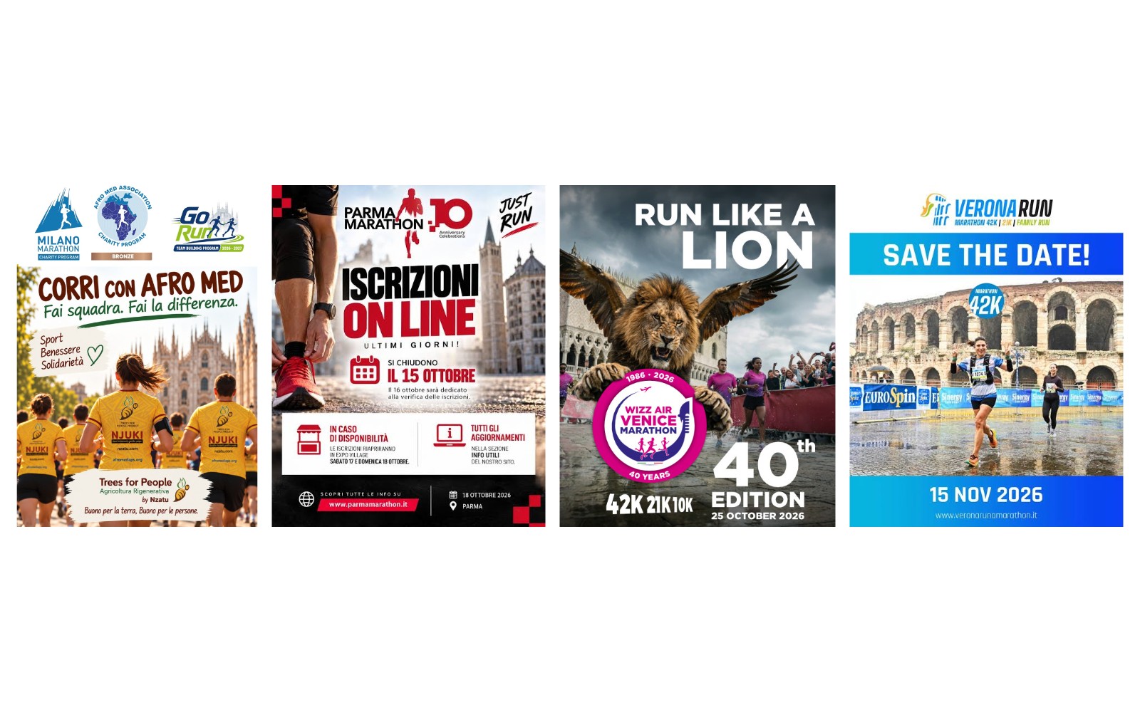 Locandine delle maratone di Milano, Parma, Venezia e Verona